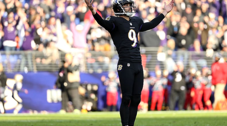 BALTIMORE, MD - NOVEMBER 27: Kicker Justin Tucker #9 of the Baltimore Ravens celebrates after kicking a field goal in the second quarter against the Cincinnati Bengals at M&T Bank Stadium on November 27, 2016 in Baltimore, Maryland. (Photo by Patrick Smith/Getty Images)