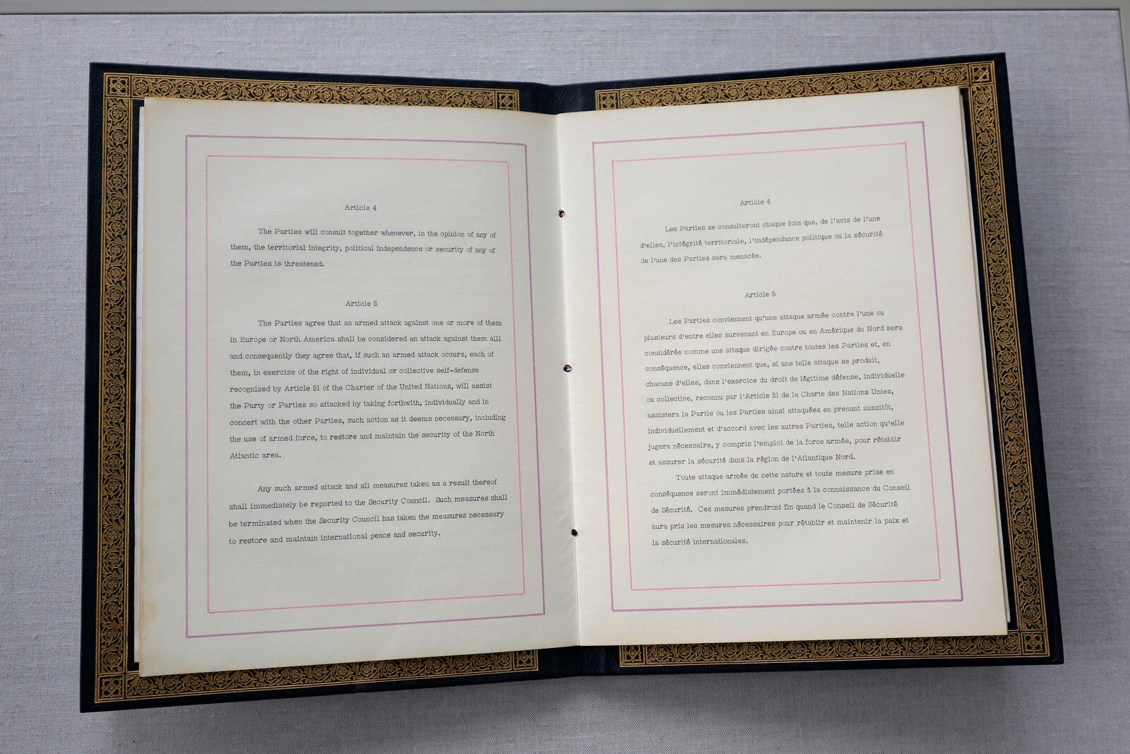 FILE - The Washington Treaty on display during a ceremony to mark the 75th anniversary of NATO at NATO headquarters in Brussels, Thursday, April 4, 2024. (AP Photo/Geert Vanden Wijngaert, File)