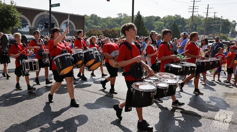 The Franklin High School marching band performs during Franklin's Independence Day Parade Tuesday, July 4, 2023, on Main Street in Franklin. NICK GRAHAM/STAFF