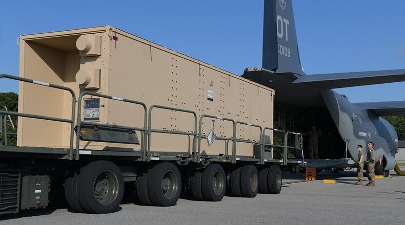 The Negatively Pressurized Conex Lite being loaded on an HC-130J for testing at Joint Base Charleston, S.C. It’s the first part of a series of testing to certify the system for operations. (U.S. Air Force photo/Senior Airman Joshua Maund)