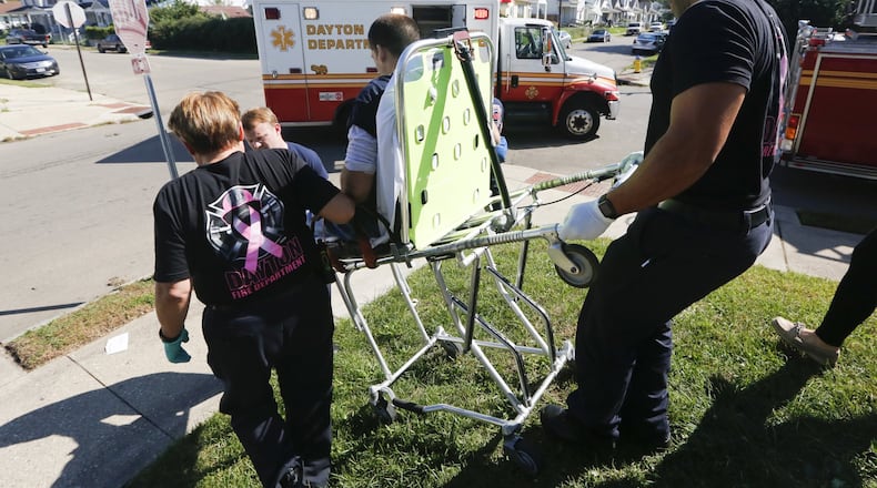 In October, Dayton Fire Department medics prepare to transport an overdose patient who was revived with Narcan to a hospital emergency department. Montgomery County residents were treated for overdoses more than 2,200 times during 2016. CHRIS STEWART / STAFF