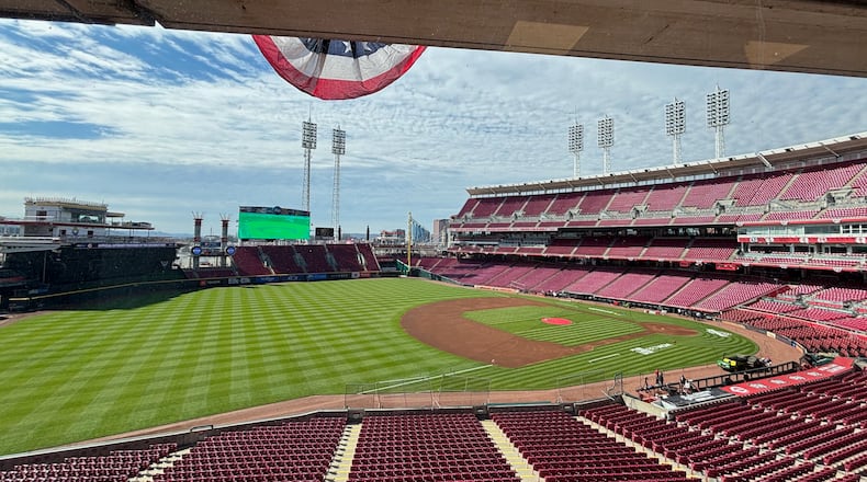 The scene at Great American Ball Park on Thursday, March 27, 2025, before an Opening Day game between the Reds and Giants at Great American Ball Park in Cincinnati. David Jablonski/Staff