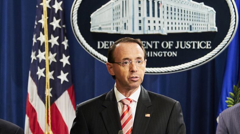 Deputy Attorney General Rod Rosenstein at a news conference at the Justice Department in Washington, July 13, 2018. Rosenstein on Friday announced new charges against 12 Russian intelligence officers accused of hacking the Democratic National Committee and the Clinton presidential campaign. The announcement came just a few days before President Donald Trump is expected to meet with President Vladimir Putin of Russia in Finland. (T.J. Kirkpatrick/The New York Times)