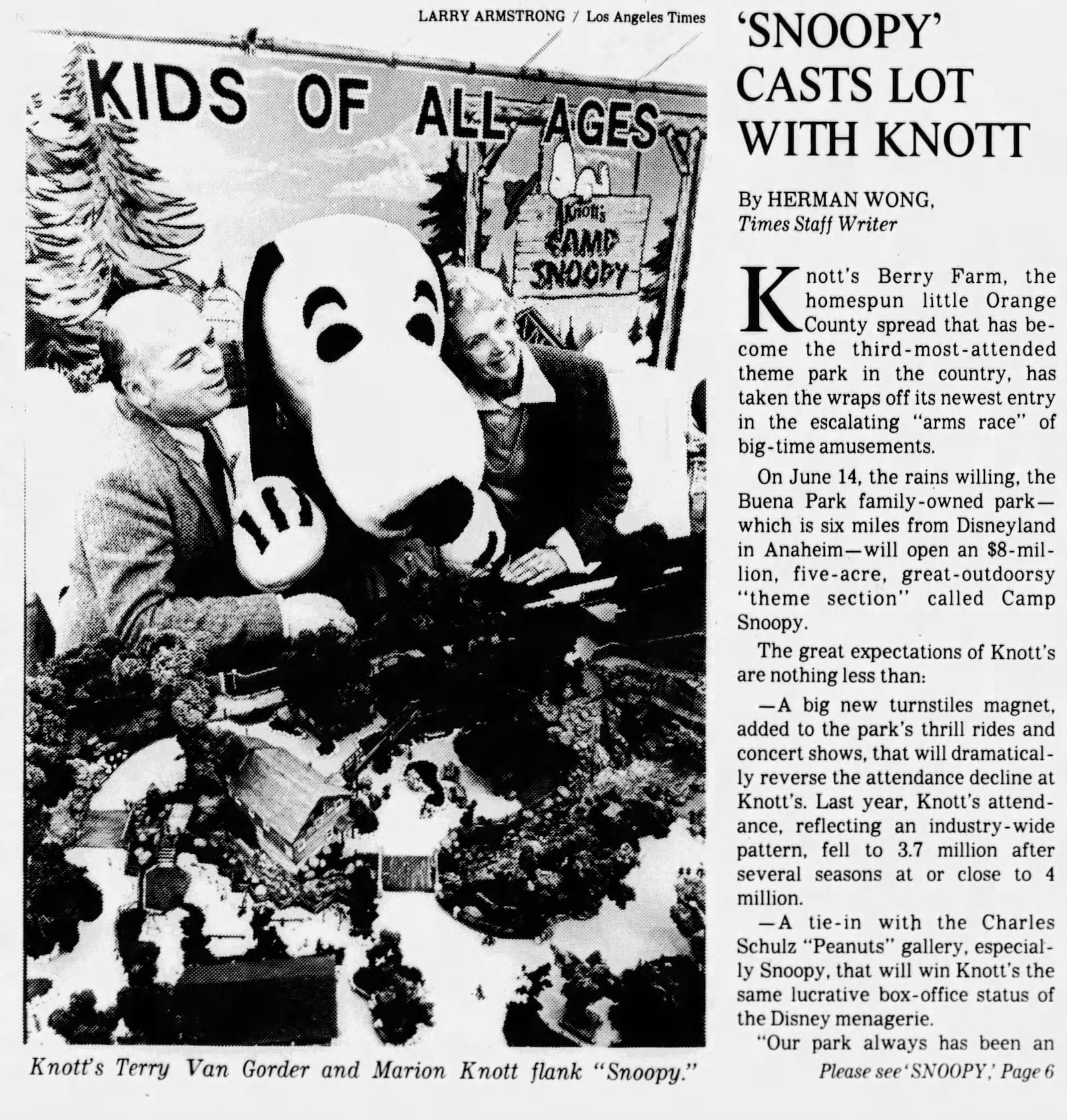 An LA Times article from February 1983 announcing Knott's Berry Farm's Camp Snoopy area. Via Newspapers.con