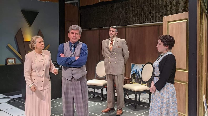 L-R: Debra Strauss (Mary Pickford), Matt Lindsay (Charlie Chaplin), Mike Beerbower (George Gyssling), and Jenna De Gruy (Miss Hollombe) in the Dayton Playhouse's production of John Morogiello's comedy "The Consul, The Tramp and America's Sweetheart," slated to be presented virtually beginning Jan. 27. CONTRIBUTED