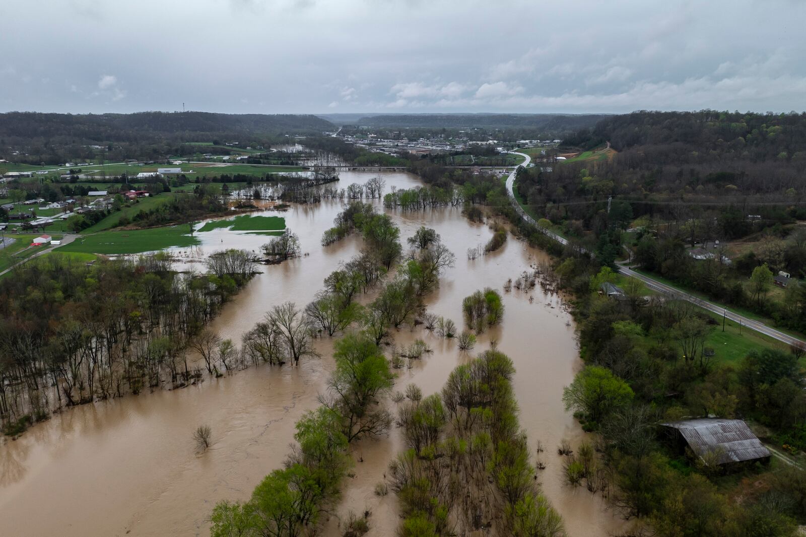 The Green River floods in Casey County, Ky., on Friday, April 4, 2025. (Ryan C. Hermens/Lexington Herald-Leader via AP)
