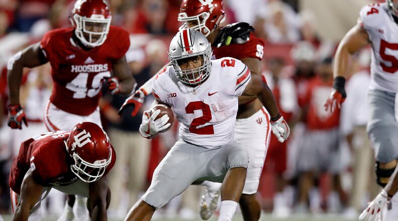 BLOOMINGTON, IN - AUGUST 31: J.K. Dobbins #2 of the Ohio State Buckeyes runs with the ball against the Indiana Hoosiers at Memorial Stadium on August 31, 2017 in Bloomington, Indiana. (Photo by Andy Lyons/Getty Images)
