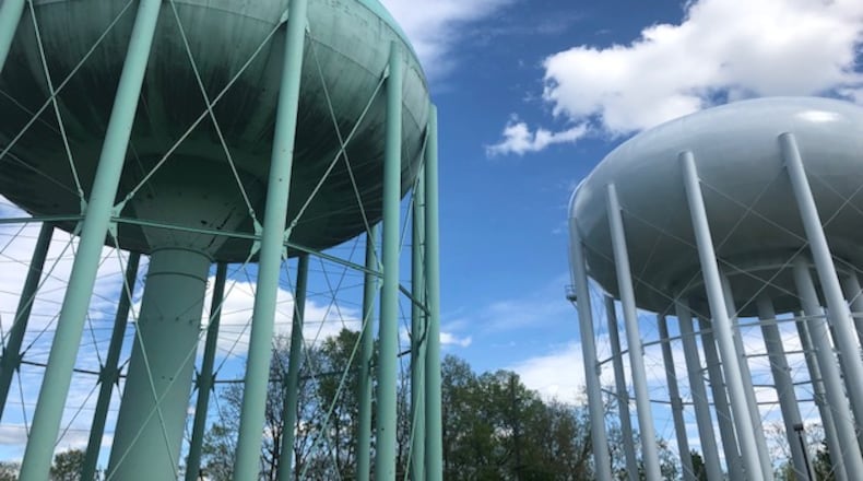 A Montgomery County water tank serving Centerville and Kettering will soon get a $1.3 million refurbishing, including its first repainting in 28 years. A similar tank next to it was repainted last year. NICK BLIZZARD/STAFF