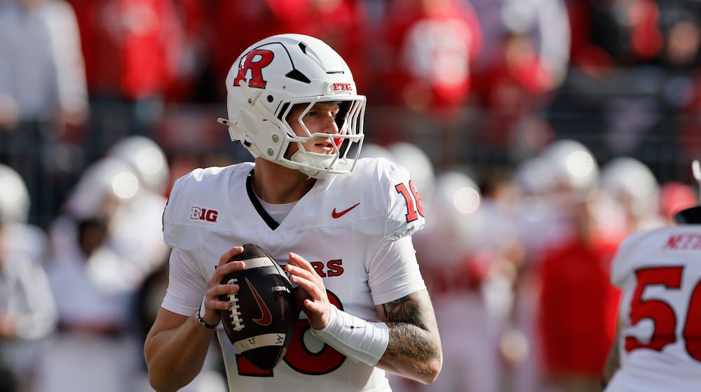 Rutgers quarterback Athan Kaliakmanis looks for an open receiver against Ohio State during the first half of an NCAA college football game, Saturday, Nov. 22, 2025, in Columbus, Ohio. (AP Photo/Jay LaPrete)