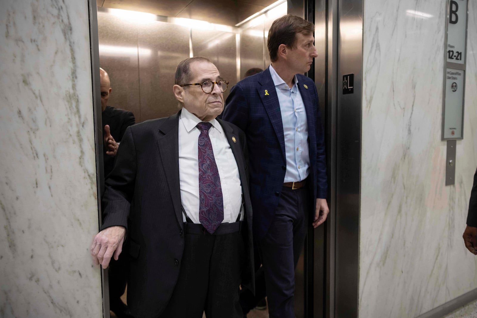 Rep. Jerrold Nadler, D-N.Y., left, and Rep. Dan Goldman, D-NY., right, visit the Jacob K. Javits federal building, Wednesday, June 18, 2025, in New York. (AP Photo/Yuki Iwamura)