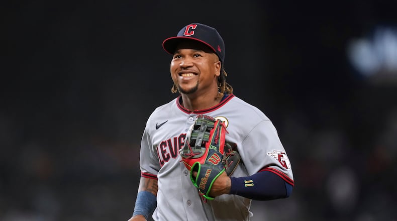 FILE - Cleveland Guardians third baseman JosÈ RamÌrez smiles against the Detroit Tigers during the fifth inning of a baseball game Tuesday, Sept. 16, 2025, in Detroit. (AP Photo/Paul Sancya, File)