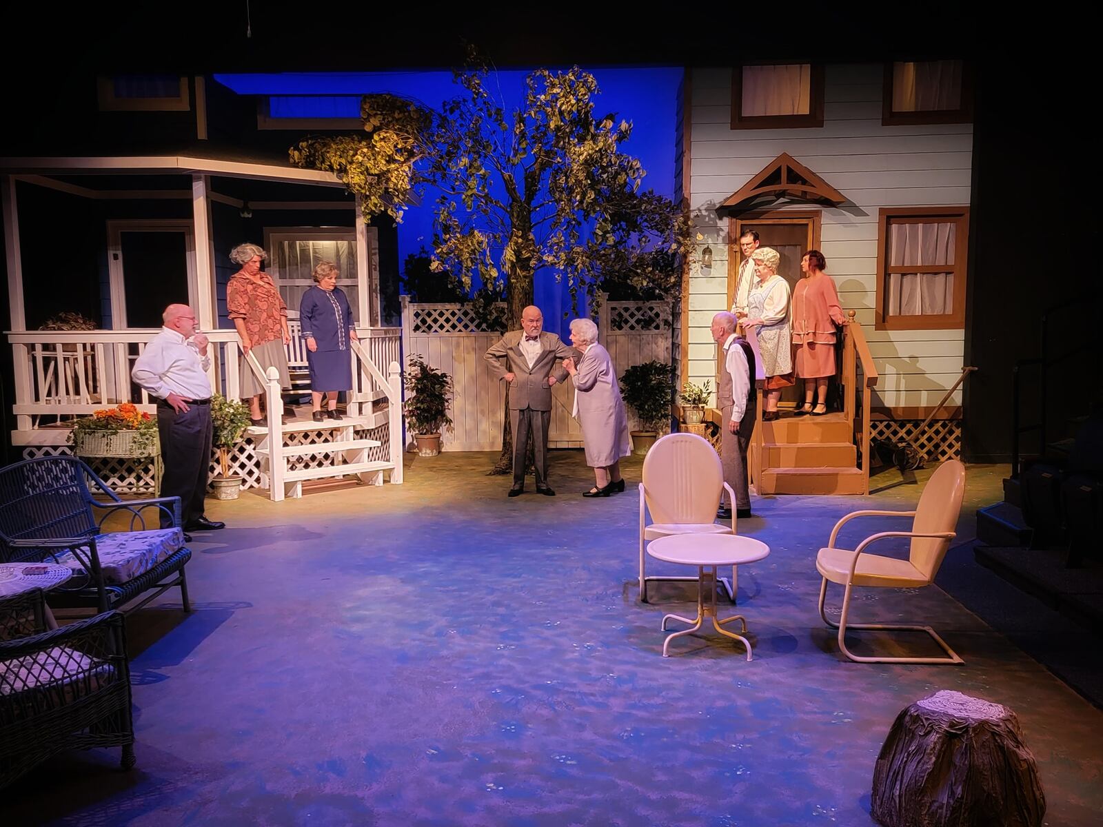 (left to right) David Williamson (Theodore Swanson), Dorothy Michalski (Cora Swanson), Tori Tuccillo (Aaronetta Gibbs), Charles Larkowski (David Crampton), Cheryl Mellen (Ida Bolton), Richard Young (Carl Bolton), Jeff Sams (Homer Bolton), Barbara Jorgensen (Esther Crampton), and Heather Atkinson (Myrtle Brown) in Dayton Theatre Guild's production of "Morning's at Seven."