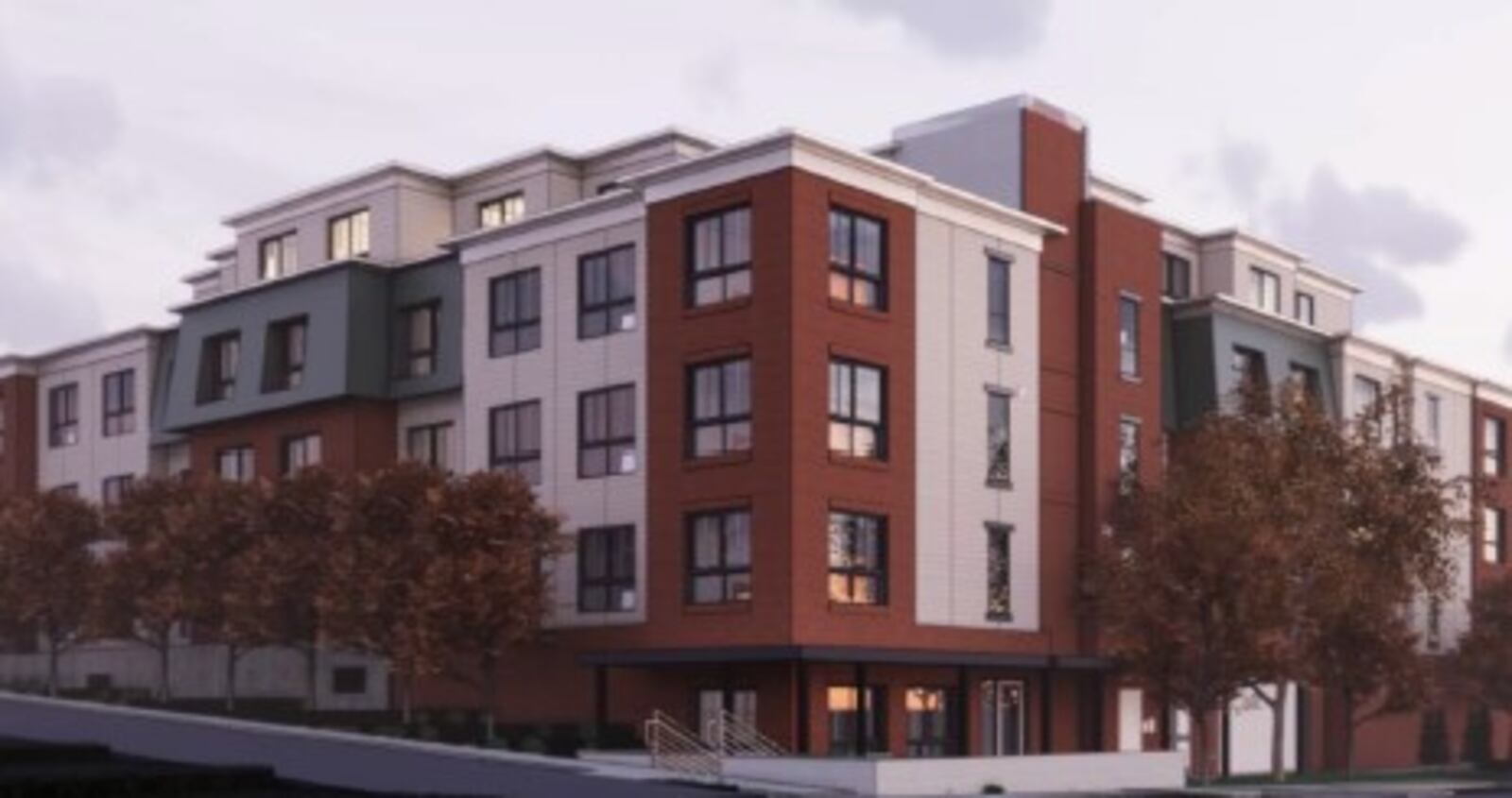 A rendering of a proposed apartment building for vacant land at 1306 Bryn Mawr Drive in northwest Dayton. CONTRIBUTED BY BERARDI+