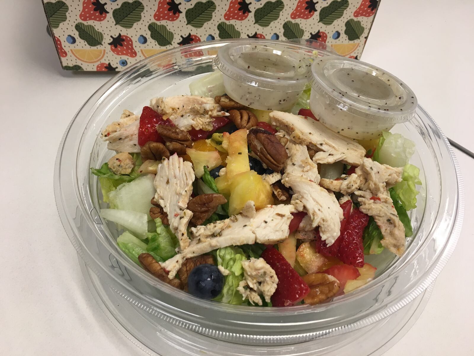 The strawberry poppyseed salad at Panera Bread is made with crisp romain, fresh fruit and fat-free salad dressing.