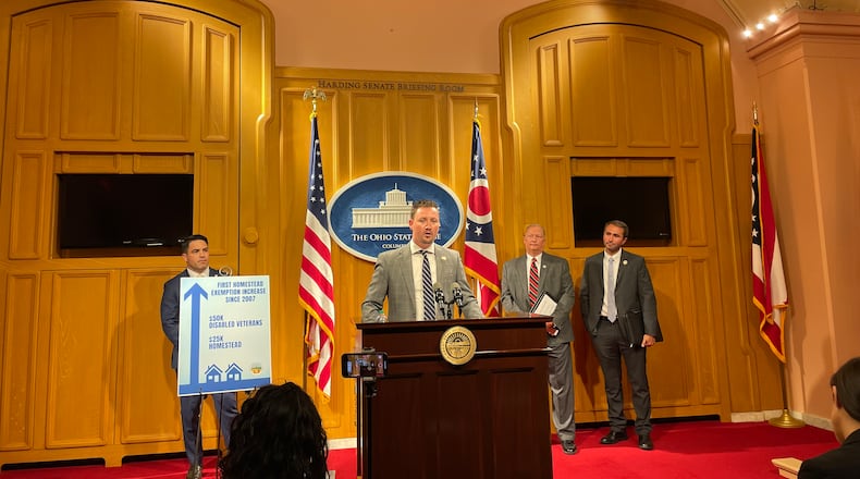 Butler County Rep. Thomas Hall, R-Madison Twp., speaking at a scheduled press conference highlighting changes to Ohio's Homestead Exemption program on Wednesday, Aug. 16, 2023.
