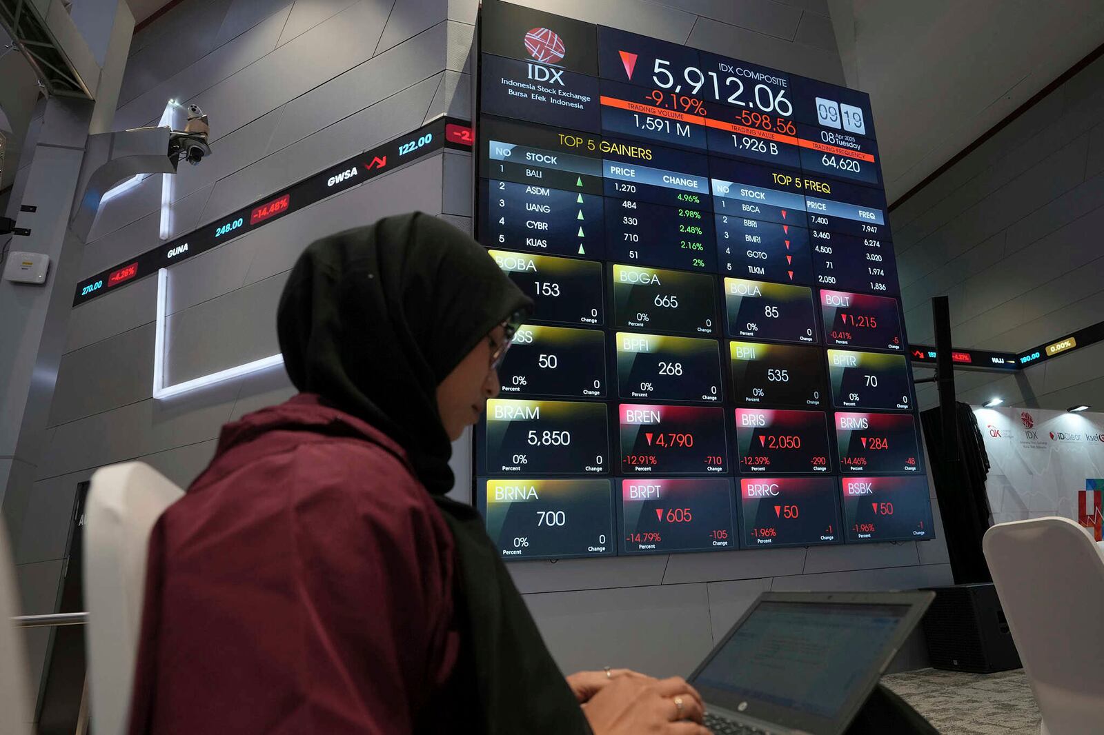 A women sits near an electronic board displaying stock prices at the Indonesia Stock Exchange, in Jakarta, Indonesia, Tuesday, April 8, 2025. (AP Photo/Achmad Ibrahim)