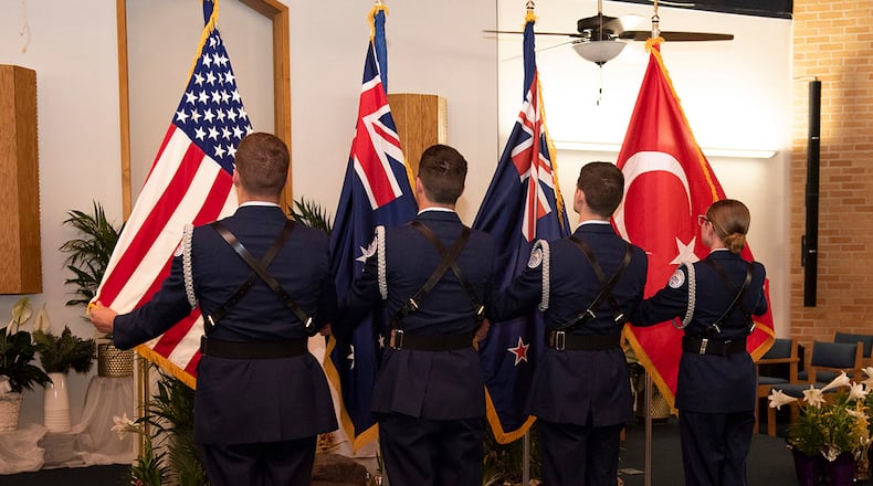 Beavercreek High School Junior ROTC cadets present colors during the Anzac Day commemoration at the Prairies Chapel, April 25 at Wright-Patterson Air Force Base. Anzac Day is the national day of remembrance in Australia and New Zealand and recognizes the sacrifices of the nations’ service members in defending their country and upholding their commitment to peace and security. U.S. AIR FORCE PHOTO/JAIMA FOGG