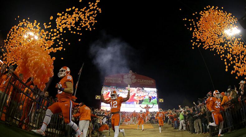 CLEMSON, SC - NOVEMBER 26: The Clemson Tigers run onto the field during their game against the South Carolina Gamecocks at Memorial Stadium on November 26, 2016 in Clemson, South Carolina. (Photo by Streeter Lecka/Getty Images)