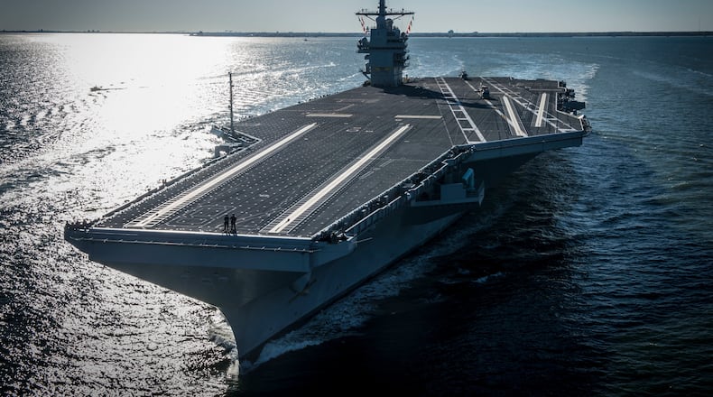 FILE - In this photo provided by the U.S. Navy, the USS Gerald R. Ford embarked on the first of its sea trials to test various state-of-the-art systems on its own power for the first time, April 8, 2017, from Newport News, Va. (Mass Communication Specialist 2nd Class Ridge Leoni/U.S. Navy via AP, File)