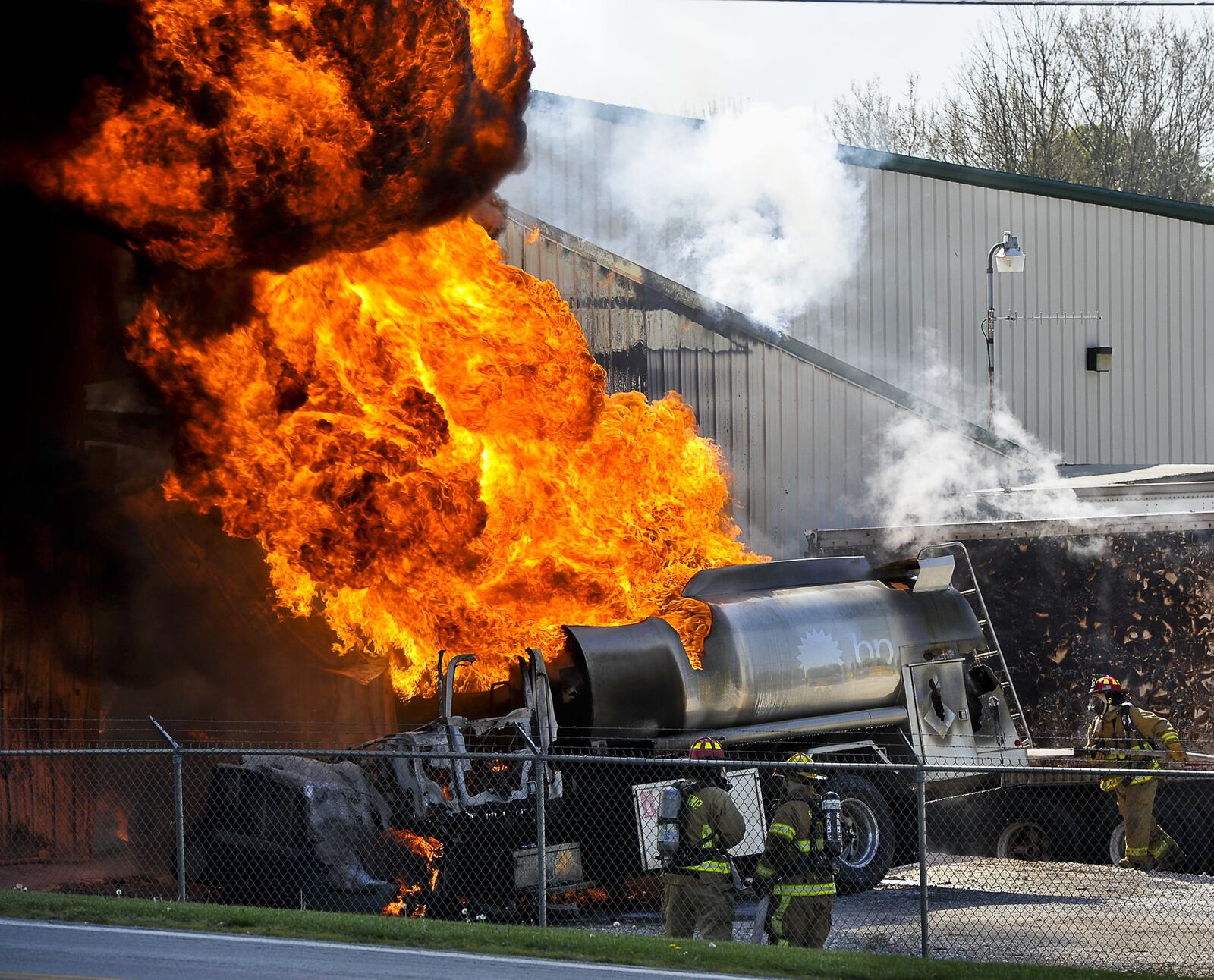 Fire departments from several counties battle a fire at the RD Holder Oil Co. in rural Clark County Thursday, April 19 2012. The fire, which started when tanker truck caught fire near the companies warehouse, quickly engulfed the entire business. Fire fighters battled the blaze for more than six hours. Staff photo by Bill Lackey