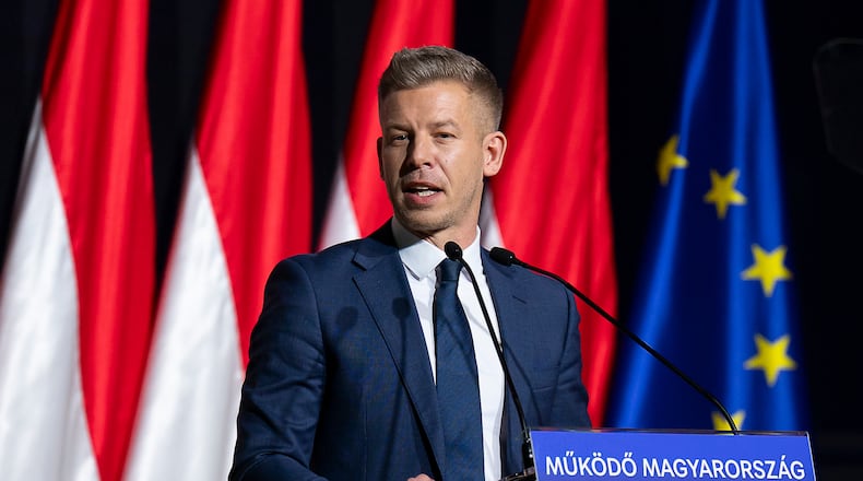 Péter Magyar, leader of the opposition Tisza party who will challenge Prime Minister Viktor Orbán in national elections on April 12, speaks during the party's campaign opener event in Budapest, Hungary on Sunday, Feb. 15, 2026. (AP Photo/Denes Erdos)