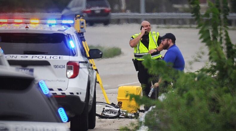 A bicyclist was hit by a vehicle on state Route 4 north near Webster Street in Dayton on Tuesday, Aug. 4, 2020. Staff photo / MARSHALL GORBY