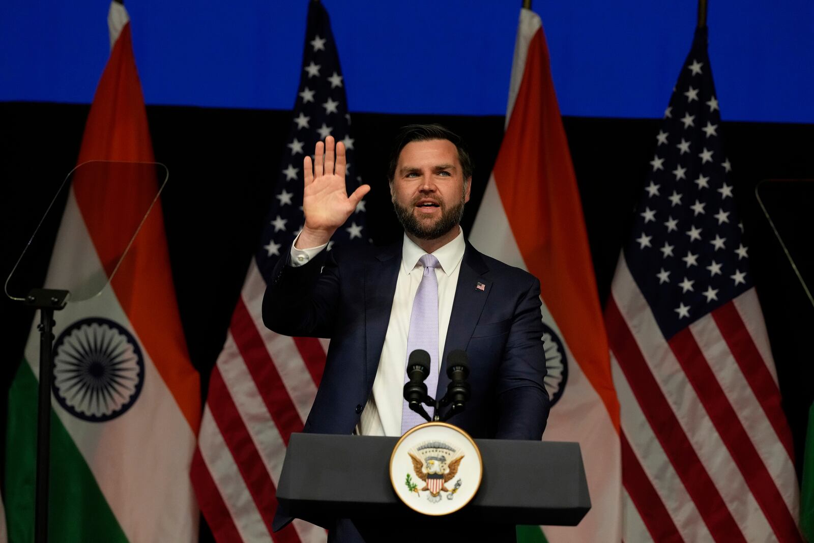 U.S. Vice President JD Vance waves at the audience after speaking at the Rajasthan International Center in Jaipur, India, Tuesday, April 22, 2025. (AP Photo/Manish Swarup)