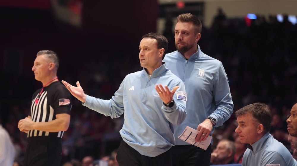 Rhode Island's Archie Miller coaches during a game against Dayton on Tuesday, Jan. 27, 2026, at UD Arena. David Jablonski/Staff