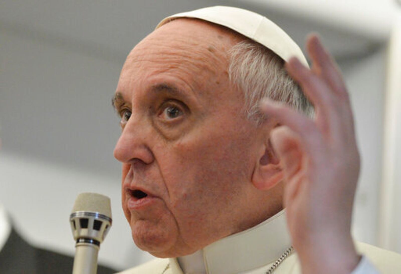 FILE - Pope Francis talks about gays saying he wouldn't judge priests for their sexual orientation in a remarkably open and wide-ranging news conference aboard the papal flight on the journey back from Brazil, Monday, July 29, 2013. (AP Photo/Luca Zennaro, Pool, file)