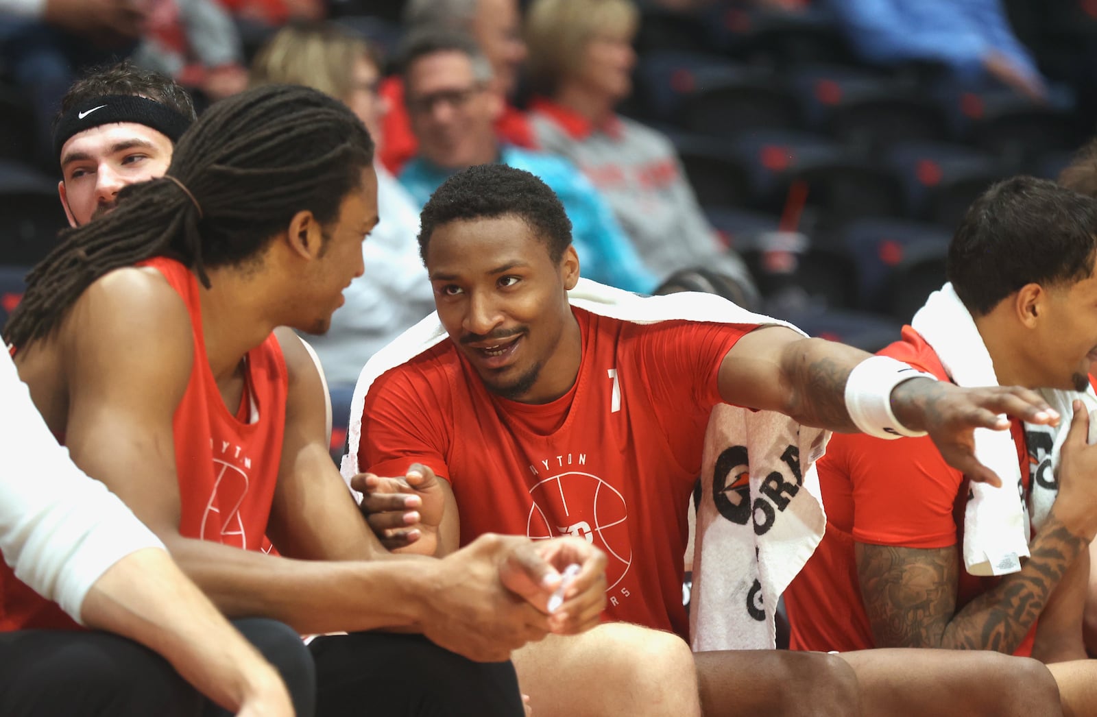 Dayton's Keonte Jones, right, talks to Malcolm Thomas during an exhibition game against Penn State on Sunday, Oct. 19, 2025, at UD Arena. David Jablonski/Staff