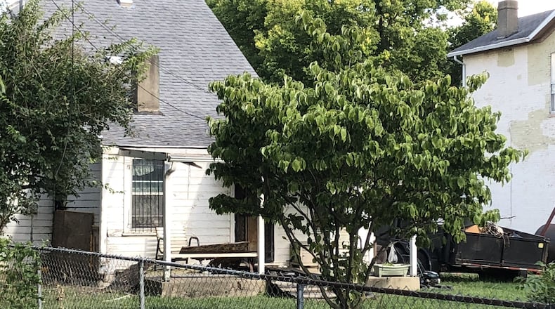 The backyard of the house at 345 Middle St., which was the site of a fatal dog mauling in April 2017. CORNELIUS FROLIK / STAFF