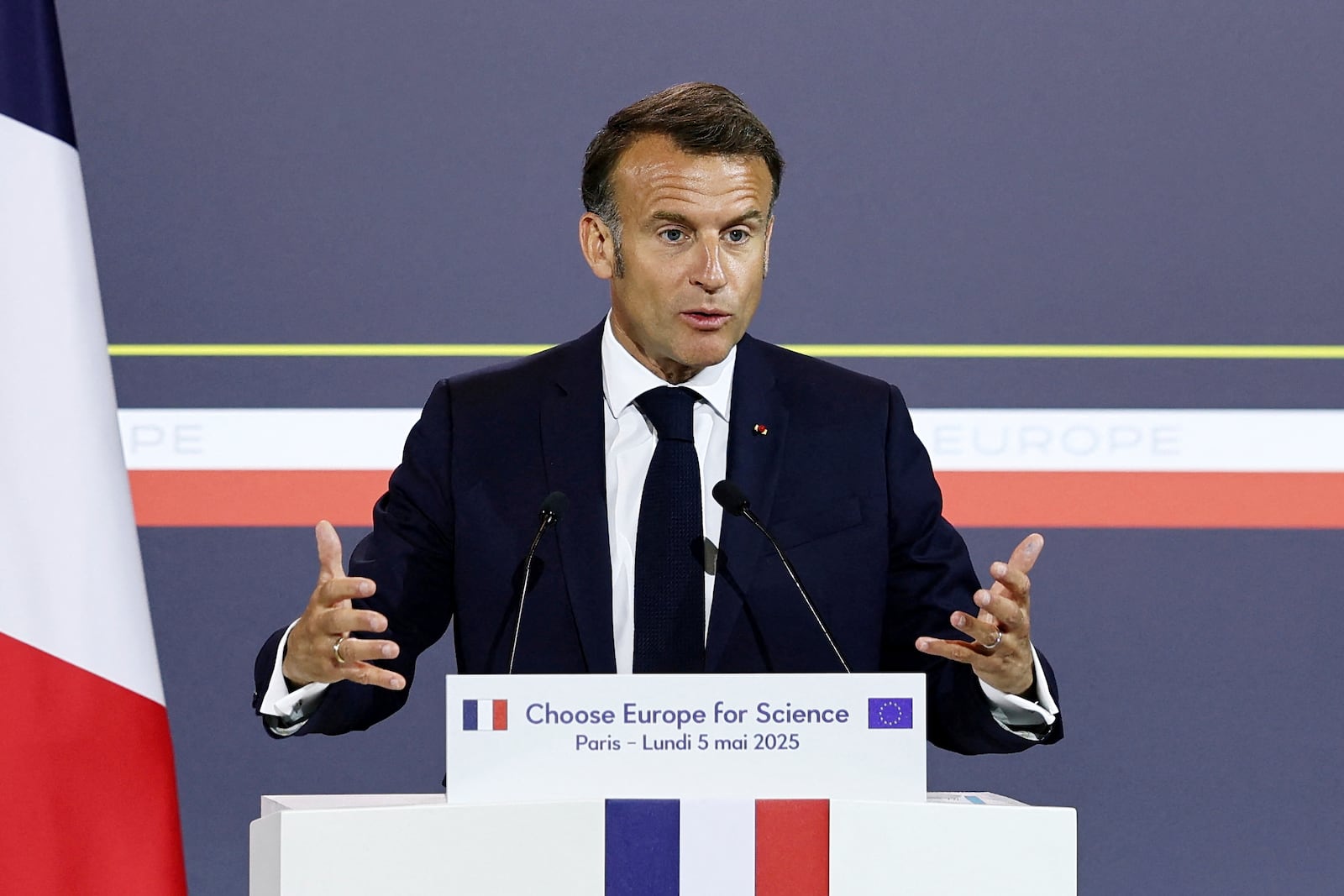 French President Emmanuel Macron delivers his speech at the "Choose Europe for Science" event, to encourage researchers and scientists from all over the world to practice in Europe, at the Sorbonne University in Paris, Monday, May 5, 2025.(Gonzalo Fuentes/Pool via AP)