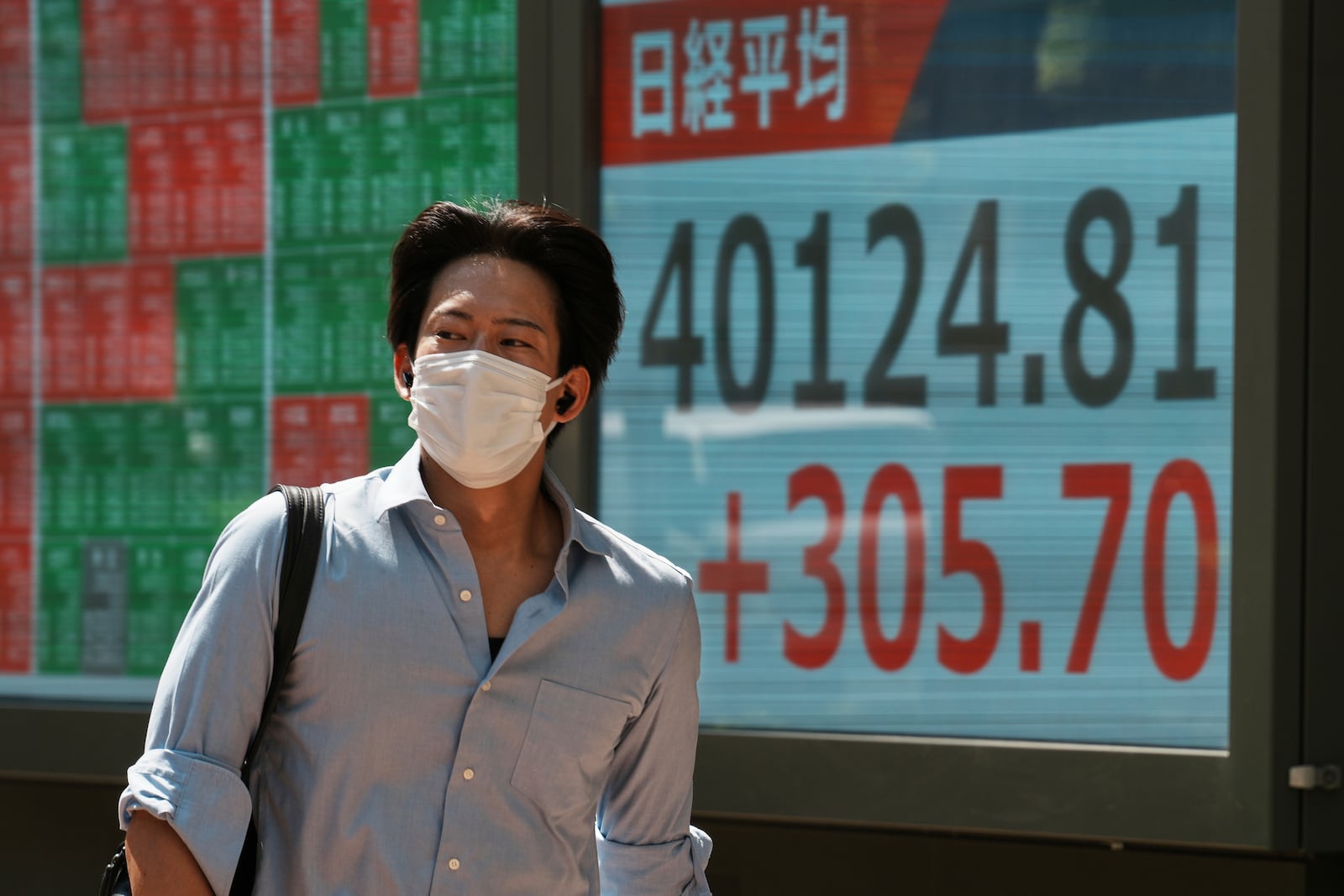 A person walks in front of an electronic stock board showing Japan's Nikkei index at a securities firm Tuesday, July 22, 2025, in Tokyo. (AP Photo/Eugene Hoshiko)