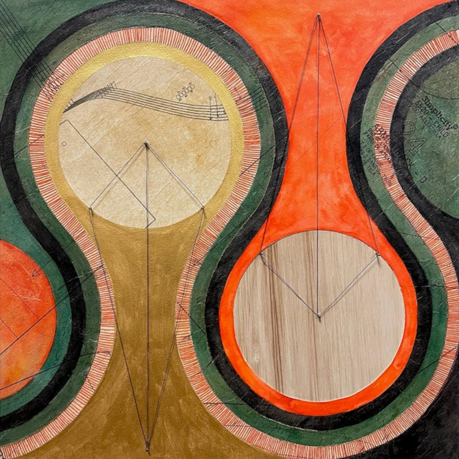 Elisha Frontz, "Tiger Lily Dreaming: 2.666…", 2022, watercolor on paper, string, sewing pattern, brass tacks, wire, wood, 16 x 16 inches. CONTRIBUTED