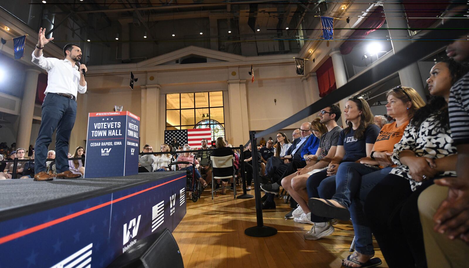 Former U.S. Secretary of Transportation Pete Buttigieg answers questions from the audience during a VoteVets Townhall, Tuesday, May 13, 2025, in Cedar Rapids, Iowa. (AP Photo/Cliff Jette)