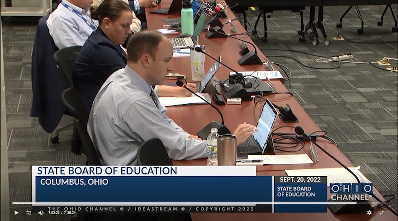 Ohio School Board member Brendan Shea of London discusses his proposed resolution opposing changes to Title IX that would dismantle protections for transgender students at the September 2022 state board of education meeting. Courtesy of The Ohio Channel.