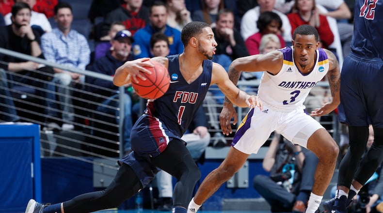 DAYTON, OHIO - MARCH 19: Darnell Edge #1 of the Fairleigh Dickinson Knights dribbles against Gary Blackston #3 of the Prairie View A&M Panthers during the first half in the First Four of the 2019 NCAA Men’s Basketball Tournament at UD Arena on March 19, 2019 in Dayton, Ohio. (Photo by Joe Robbins/Getty Images)