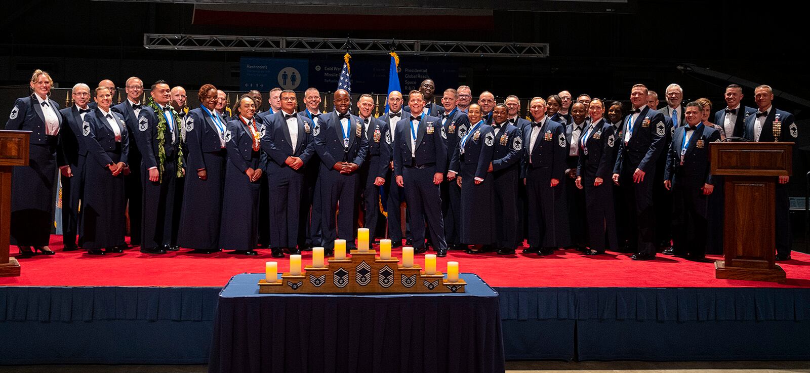 Wright-Patterson Air Force Base chief master sergeants join the 14 recently selected chiefs for a group photo at the end of the Wright-Patterson Chief Master Sergeant Recognition Ceremony on May 14 at the National Museum of the U.S. Air Force. U.S. AIR FORCE PHOTO/R.J. ORIEZ