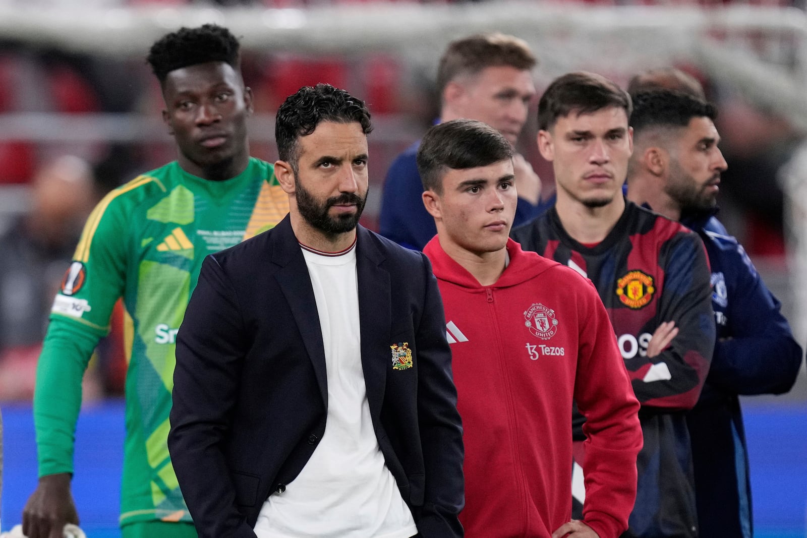 Manchester United's head coach Ruben Amorim reacts at the end of the Europa League final soccer match between Tottenham Hotspur and Manchester United at the San Mames Stadium in Bilbao, Spain, Wednesday, May 21, 2025. (AP Photo/Bernat Armangue)