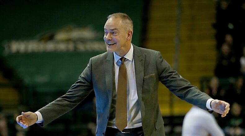 Wright State University head coach Scott Nagy reacts as his team plays IUPUI during their Horizon League game at the Nutter Center in Fairborn Sunday, Feb. 16, 2020. Contributed photo by E.L. Hubbard