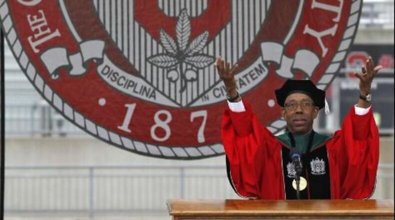 OSU president Dr. Michael V. Drake speaks to the crowd during the 2016 Spring Commencement at Ohio Stadium. Brooke LaValley/Columbus Dispatch