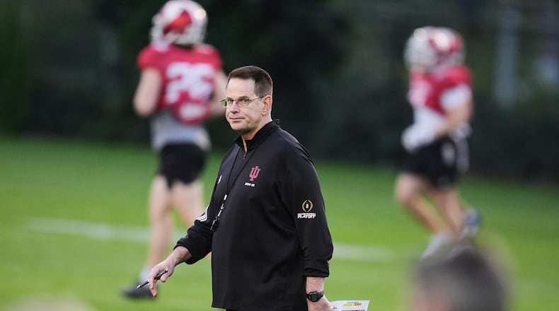 Indiana head coach Curt Cignetti walks on the field during practice ahead of Thursday's Rose Bowl College Football Playoff against Alabama Tuesday, Dec. 30, 2025, in Carson, Calif. (AP Photo/Marcio Jose Sanchez)