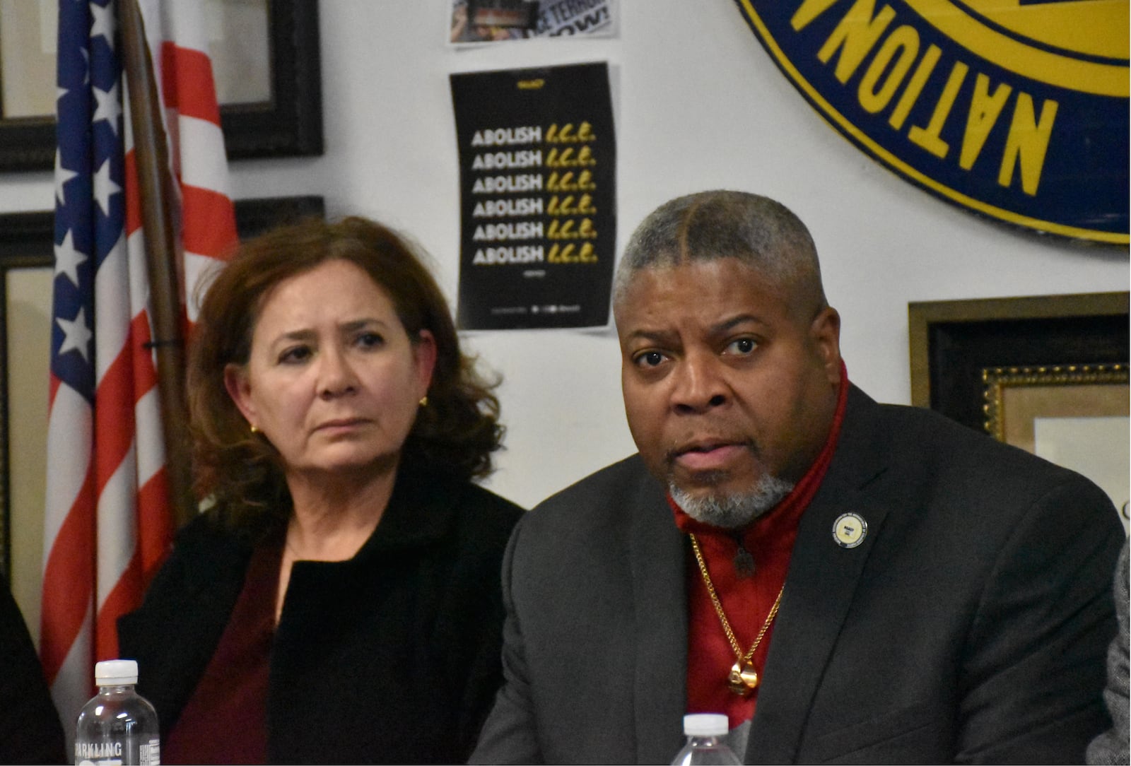 Derrick Foward, president of the Dayton branch NAACP, and Claudia Cortez-Reinhardt, director of programs with the Central Ohio Worker Center, discuss potential future Immigration and Customs Enforcement activities in southwest Ohio. CORNELIUS FROLIK / STAFF