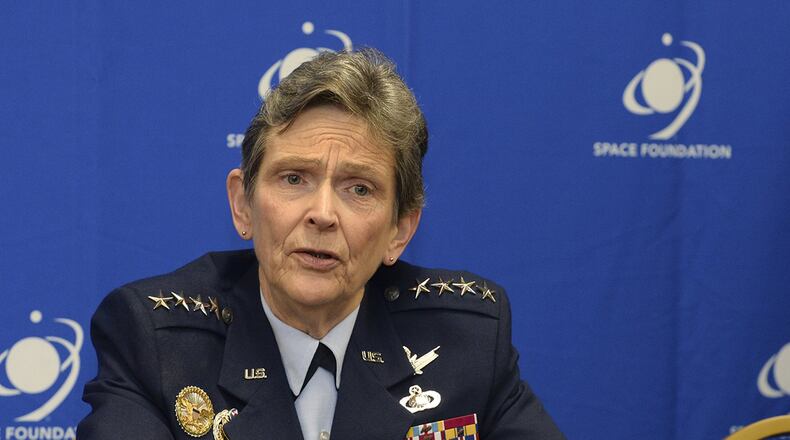Gen. Ellen M. Pawlikowski, commander, Air Force Material Command, takes questions from reporters during the 33rd Space Symposium in Colorado Springs, Colorado, April 6, 2017. She will retire after 40 years of Air Force service in September. (U.S. Air Force photo/Dave Grim)