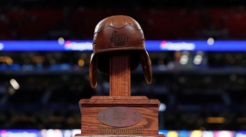 ATLANTA, GA - SEPTEMBER 02: A view of the Chick-fil-A Kick-Off Game trophy after the Alabama Crimson Tide defeated the Florida State Seminoles 24-7 in their game at Mercedes-Benz Stadium on September 2, 2017 in Atlanta, Georgia. (Photo by Kevin C. Cox/Getty Images)