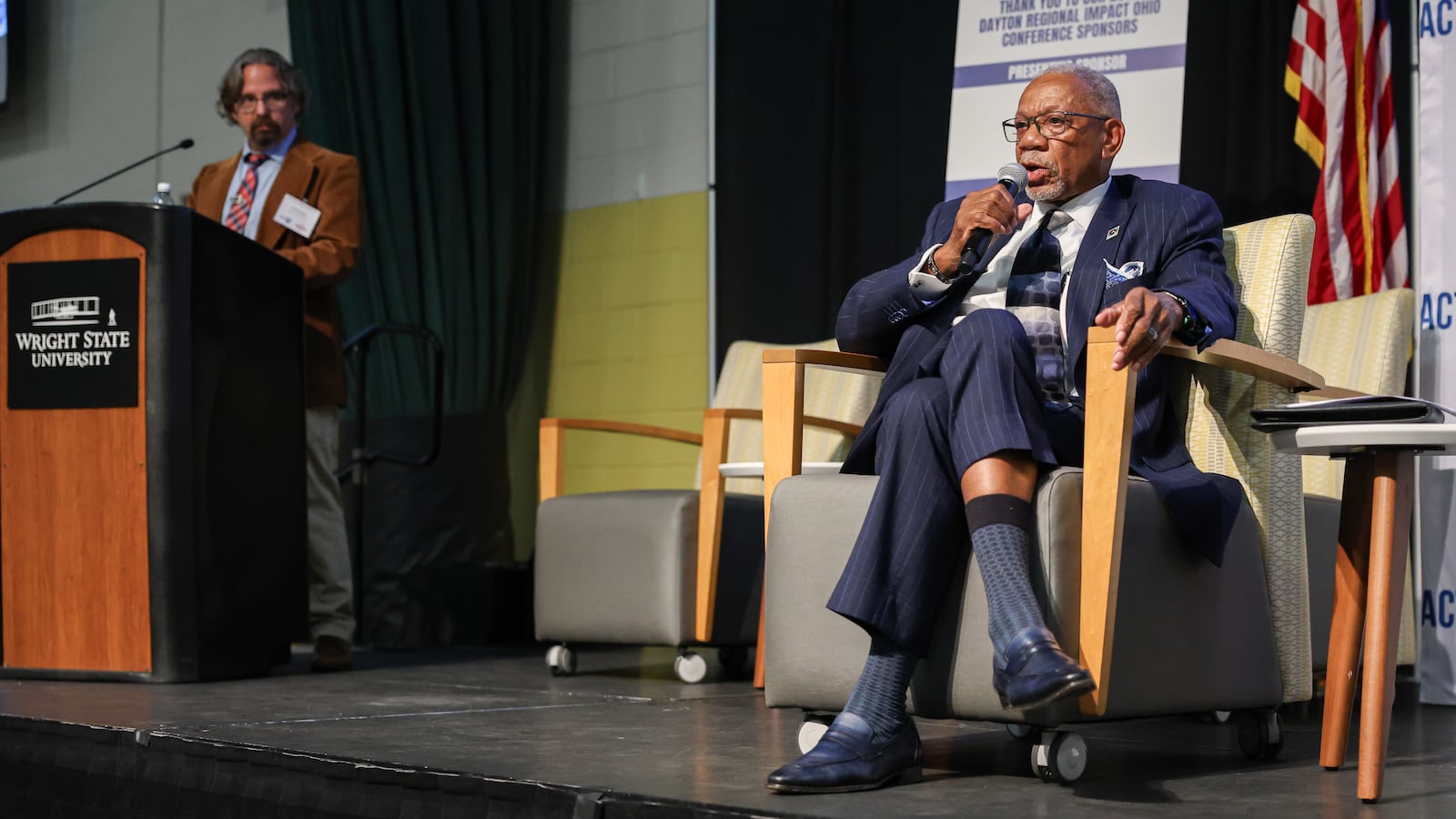 Dayton Mayor Jeffrey Mims Jr. speaks while Dayton Daily News investigations editor Josh Sweigart listens during a panel in the Ohio Chamber's 2025 Dayton Regional Impact Ohio Conference on Tuesday, Aug. 26, in the Apollo Room in the Student Union at Wright State University. BRYANT BILLING / STAFF