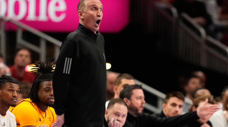 Arizona State head coach Bobby Hurley is seen on the sidelines during the first half of an NCAA college basketball game against Iowa State in the second round of the Big 12 Conference tournament Wednesday, March 11, 2026, in Kansas City, Mo. (AP Photo/Charlie Riedel)