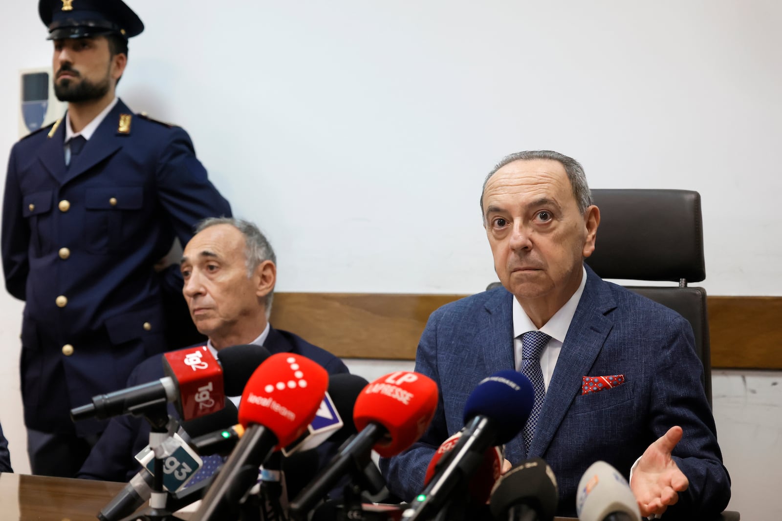 Prosecutor Francesco Lo Voi speaks during a news conference in Rome, on Friday, June 13, 2025, about about the case of a baby girl and mother found dead in Rome's Villa Pamphili park. (Cecilia Fabiano/LaPresse via AP)