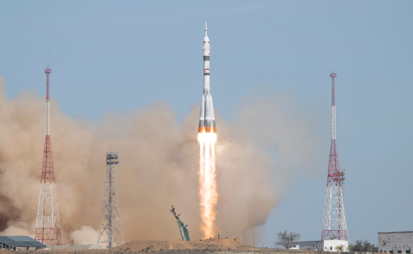 A Russian Soyuz rocket carrying a Soyuz MS-27 spacecraft with NASA astronaut Jonny Kim and Roscosmos cosmonauts Sergey Ryzhikov and Alexey Zubritsky, lifts off for the International Space Station from the Russian leased Baikonur cosmodrome, Kazakhstan, Tuesday, April 8, 2025. (Joel Kowsky/NASA via AP)
