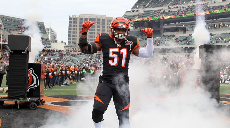 CINCINNATI, OH - DECEMBER 10: Kevin Minter #51 of the Cincinnati Bengals takes the field during player introductions prior to the game against the Chicago Bears at Paul Brown Stadium on December 10, 2017 in Cincinnati, Ohio. (Photo by John Grieshop/Getty Images)